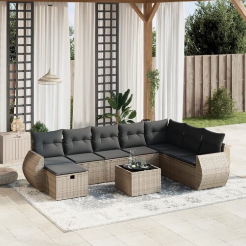 9-Piece Garden Sofa Set with Cushions Grey Poly Rattan Wicker Outdoor Patio Furniture - Image 2