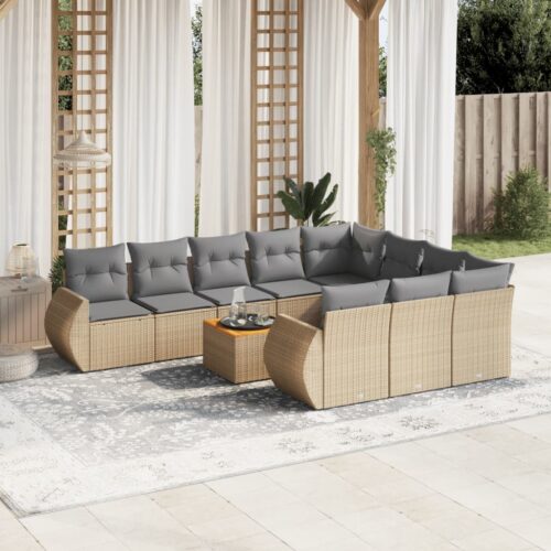 11-Piece Garden Sofa Set with Cushions Beige Poly Rattan Wicker Outdoor Patio Furniture - Image 2