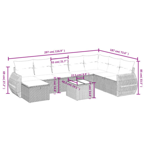 9-Piece Garden Sofa Set with Cushions Grey Poly Rattan Wicker Outdoor Patio Furniture - Image 4