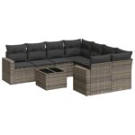 9-Piece Garden Sofa Set with Cushions Grey Poly Rattan Wicker Outdoor Patio Furniture