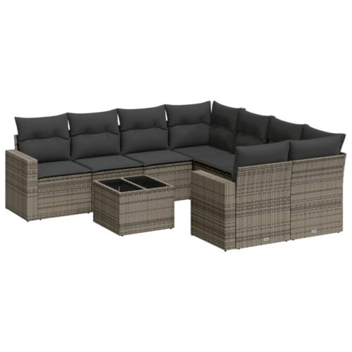 9-Piece Garden Sofa Set with Cushions Grey Poly Rattan Wicker Outdoor Patio Furniture