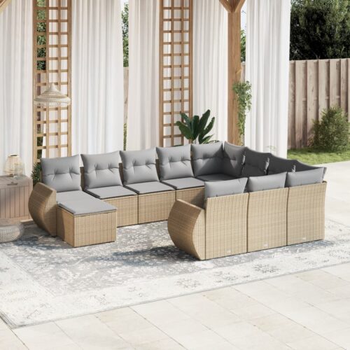 11-Piece Garden Sofa Set with Cushions Beige Poly Rattan Wicker Outdoor Patio Furniture - Image 2