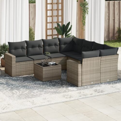 9-Piece Garden Sofa Set with Cushions Grey Poly Rattan Wicker Outdoor Patio Furniture - Image 2