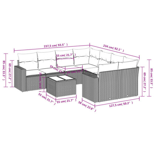 9-Piece Garden Sofa Set with Cushions Grey Poly Rattan Wicker Outdoor Patio Furniture - Image 3