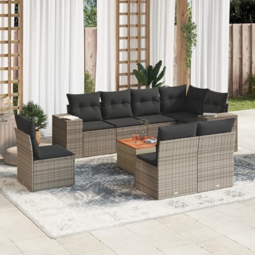 9-Piece Garden Sofa Set with Cushions Grey Poly Rattan Wicker Outdoor Patio Furniture - Image 2