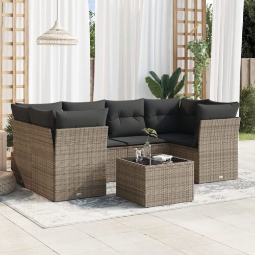 7-Piece Garden Sofa Set with Cushions Grey Poly Rattan Wicker Outdoor Patio Furniture - Image 2