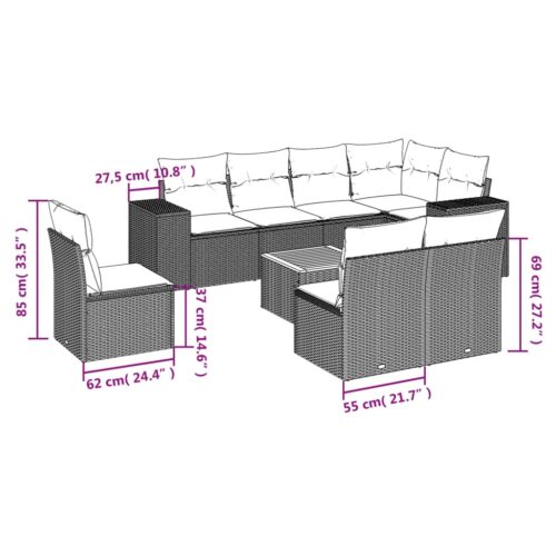 9-Piece Garden Sofa Set with Cushions Grey Poly Rattan Wicker Outdoor Patio Furniture - Image 3