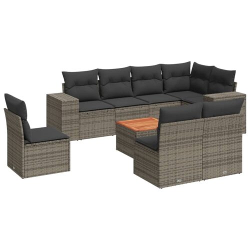 9-Piece Garden Sofa Set with Cushions Grey Poly Rattan Wicker Outdoor Patio Furniture - Image 5