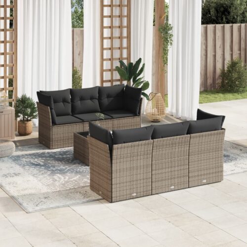 7-Piece Garden Sofa Set with Cushions Grey Poly Rattan Wicker Outdoor Patio Furniture - Image 2