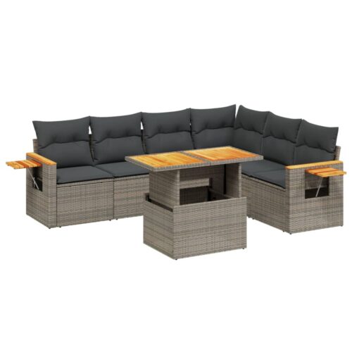 7-Piece Garden Sofa Set with Cushions Grey Poly Rattan Wicker Outdoor Patio Furniture - Image 5