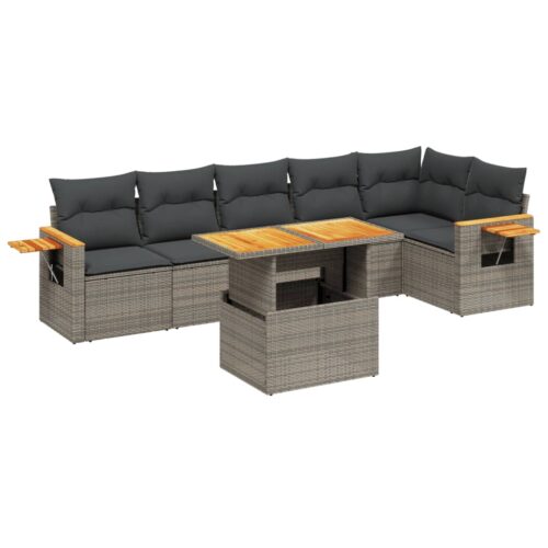 7-Piece Garden Sofa Set with Cushions Grey Poly Rattan Wicker Outdoor Patio Furniture