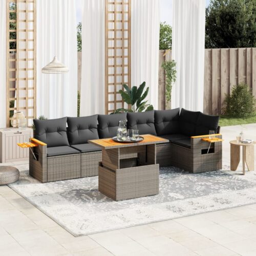 7-Piece Garden Sofa Set with Cushions Grey Poly Rattan Wicker Outdoor Patio Furniture - Image 2