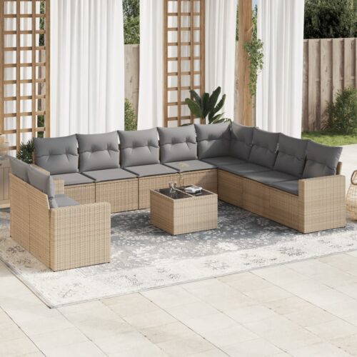11-Piece Garden Sofa Set with Cushions Beige Poly Rattan Wicker Outdoor Patio Furniture - Image 2