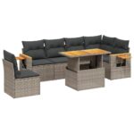 7-Piece Garden Sofa Set with Cushions Grey Poly Rattan Wicker Outdoor Patio Furniture