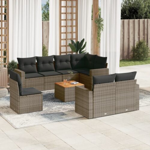 9-Piece Garden Sofa Set with Cushions Grey Poly Rattan Wicker Outdoor Patio Furniture - Image 2