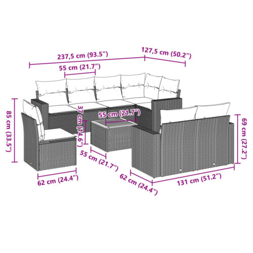 9-Piece Garden Sofa Set with Cushions Grey Poly Rattan Wicker Outdoor Patio Furniture - Image 3