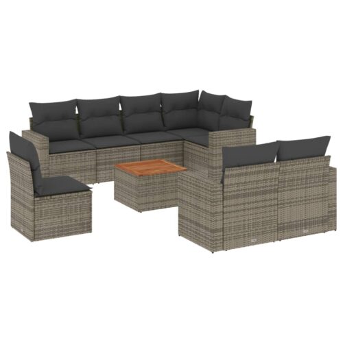9-Piece Garden Sofa Set with Cushions Grey Poly Rattan Wicker Outdoor Patio Furniture - Image 5