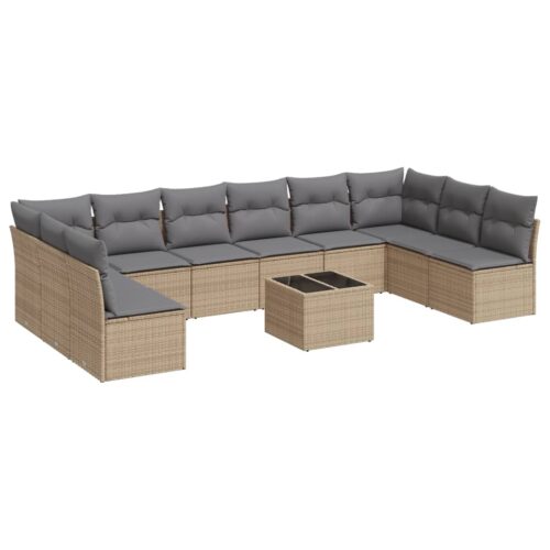 11-Piece Garden Sofa Set with Cushions Beige Poly Rattan Wicker Outdoor Patio Furniture