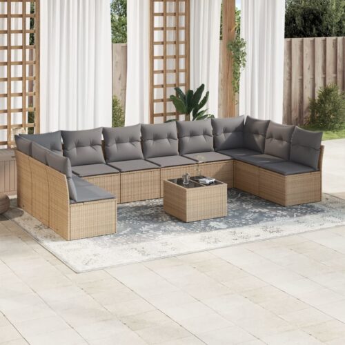11-Piece Garden Sofa Set with Cushions Beige Poly Rattan Wicker Outdoor Patio Furniture - Image 2