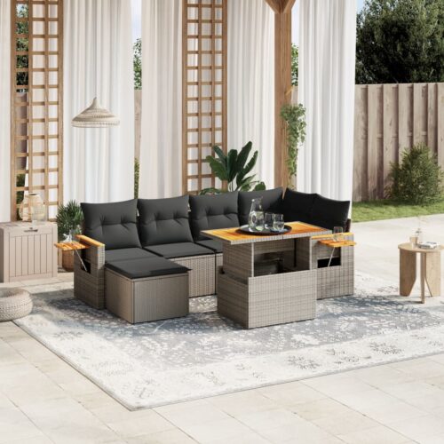 7-Piece Garden Sofa Set with Cushions Grey Poly Rattan Wicker Outdoor Patio Furniture - Image 2