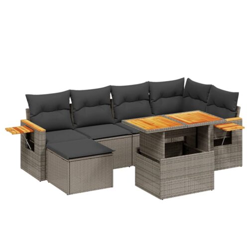 7-Piece Garden Sofa Set with Cushions Grey Poly Rattan Wicker Outdoor Patio Furniture - Image 5