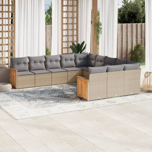 11-Piece Garden Sofa Set with Cushions Beige Poly Rattan Wicker Outdoor Patio Furniture - Image 2