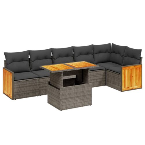7-Piece Garden Sofa Set with Cushions Grey Poly Rattan Wicker Outdoor Patio Furniture - Image 5