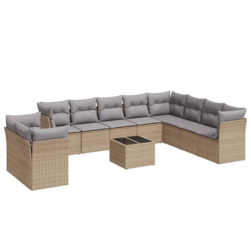 11-Piece Garden Sofa Set with Cushions Beige Poly Rattan Wicker Outdoor Patio Furniture