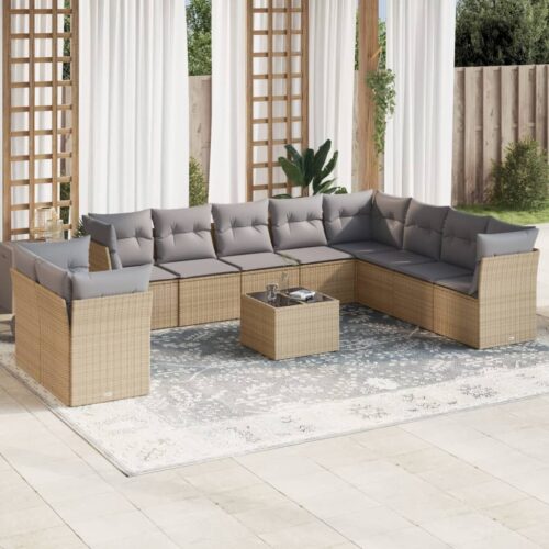 11-Piece Garden Sofa Set with Cushions Beige Poly Rattan Wicker Outdoor Patio Furniture - Image 2