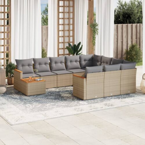 11-Piece Garden Sofa Set with Cushions Beige Poly Rattan Wicker Outdoor Patio Furniture - Image 2