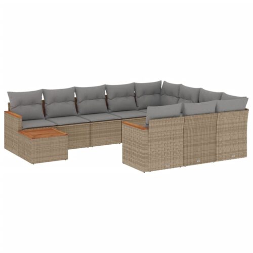 11-Piece Garden Sofa Set with Cushions Beige Poly Rattan Wicker Outdoor Patio Furniture - Image 5