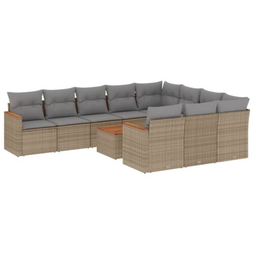 11-Piece Garden Sofa Set with Cushions Beige Poly Rattan Wicker Outdoor Patio Furniture