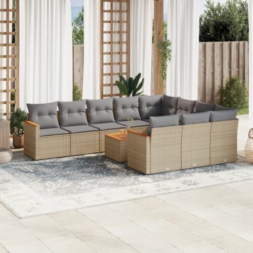 11-Piece Garden Sofa Set with Cushions Beige Poly Rattan Wicker Outdoor Patio Furniture - Image 2