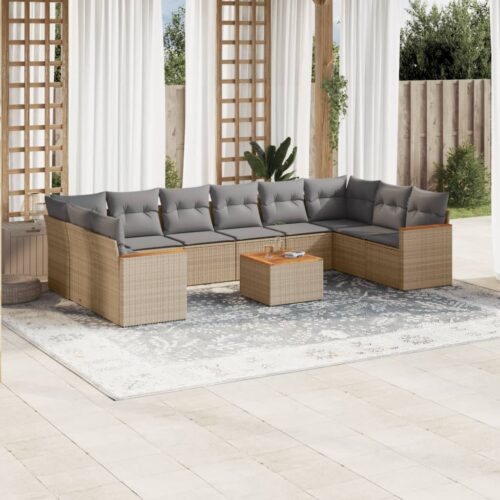 11-Piece Garden Sofa Set with Cushions Beige Poly Rattan Wicker Outdoor Patio Furniture - Image 2