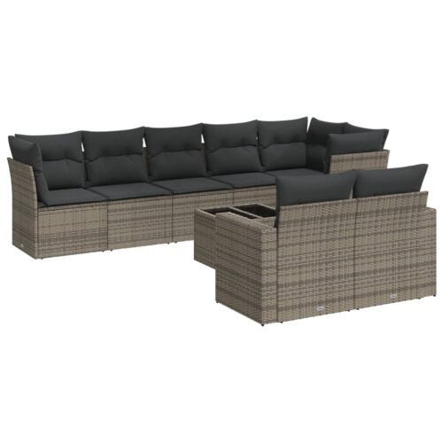 9-Piece Garden Sofa Set with Cushions Grey Poly Rattan Wicker Outdoor Patio Furniture - Image 5