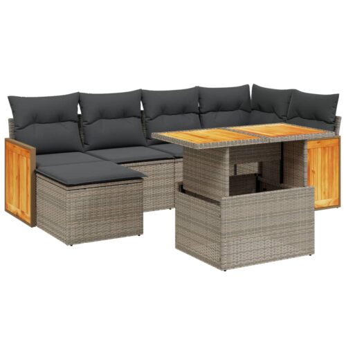 7-Piece Garden Sofa Set with Cushions Grey Poly Rattan Wicker Outdoor Patio Furniture