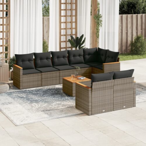 9-Piece Garden Sofa Set with Cushions Grey Poly Rattan Wicker Outdoor Patio Furniture - Image 2