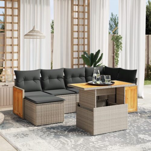 7-Piece Garden Sofa Set with Cushions Grey Poly Rattan Wicker Outdoor Patio Furniture - Image 2