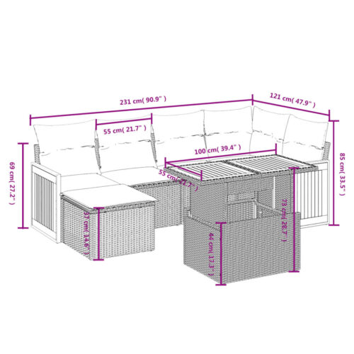 7-Piece Garden Sofa Set with Cushions Grey Poly Rattan Wicker Outdoor Patio Furniture - Image 3