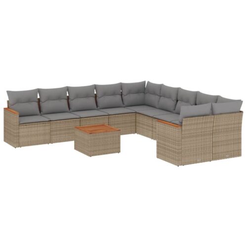 11-Piece Garden Sofa Set with Cushions Beige Poly Rattan Wicker Outdoor Patio Furniture - Image 5