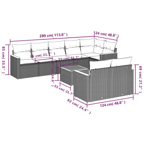 9-Piece Garden Sofa Set with Cushions Grey Poly Rattan Wicker Outdoor Patio Furniture - Image 8