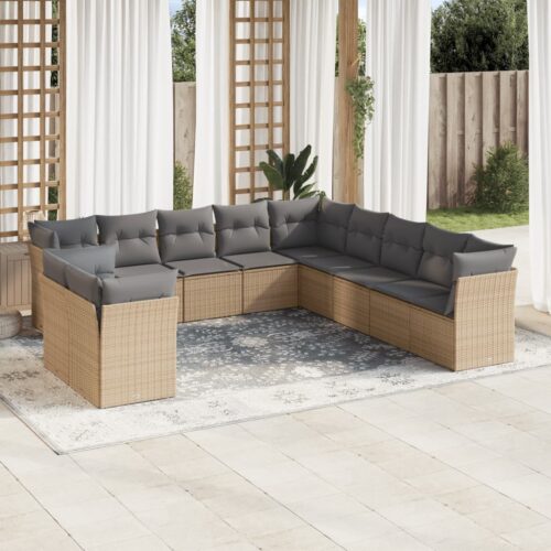 11-Piece Garden Sofa Set with Cushions Beige Poly Rattan Wicker Outdoor Patio Furniture - Image 2