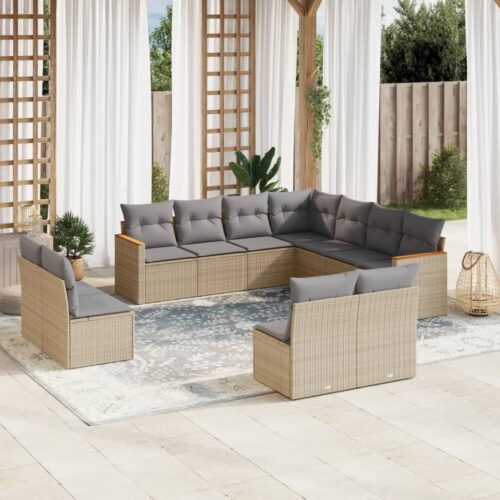 11-Piece Garden Sofa Set with Cushions Beige Poly Rattan Wicker Outdoor Patio Furniture - Image 2