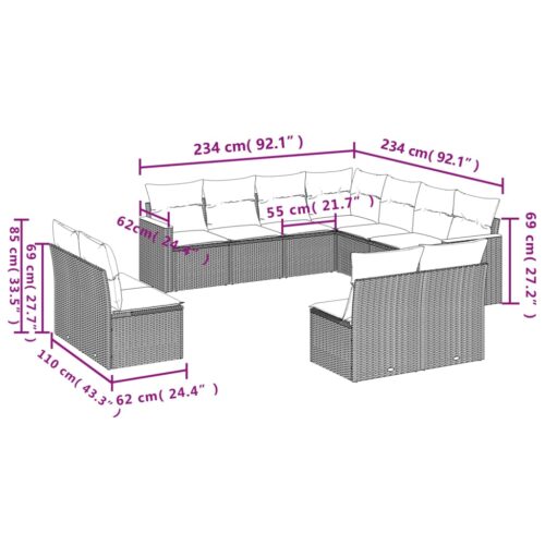 11-Piece Garden Sofa Set with Cushions Beige Poly Rattan Wicker Outdoor Patio Furniture - Image 3