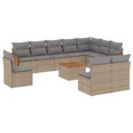 11-Piece Garden Sofa Set with Cushions Beige Poly Rattan Wicker Outdoor Patio Furniture