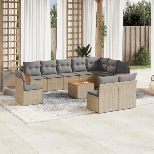 11-Piece Garden Sofa Set with Cushions Beige Poly Rattan Wicker Outdoor Patio Furniture - Image 2