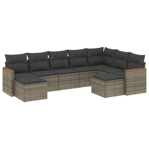 9-Piece Garden Sofa Set with Cushions Grey Poly Rattan Wicker Outdoor Patio Furniture