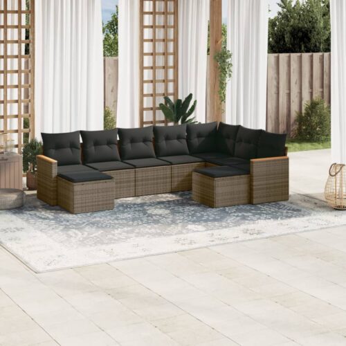 9-Piece Garden Sofa Set with Cushions Grey Poly Rattan Wicker Outdoor Patio Furniture - Image 2