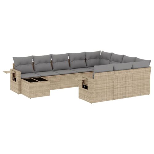 11-Piece Garden Sofa Set with Cushions Beige Poly Rattan Wicker Outdoor Patio Furniture
