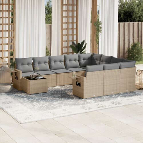11-Piece Garden Sofa Set with Cushions Beige Poly Rattan Wicker Outdoor Patio Furniture - Image 2